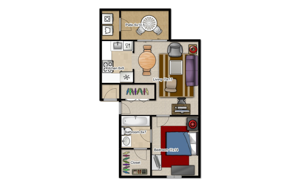 1 Bedroom 1 Bathroom - 1 bedroom floorplan layout with 1 bath and 650 square feet.