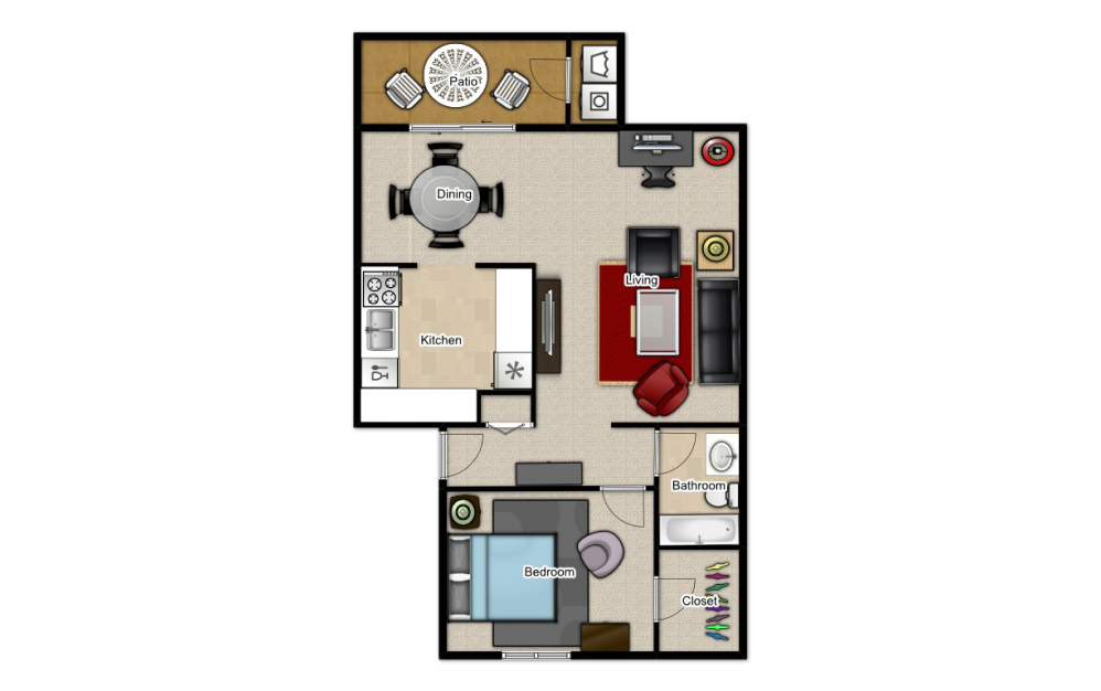 1 Bedroom 1 Bathroom Lux - 1 bedroom floorplan layout with 1 bath and 750 square feet.