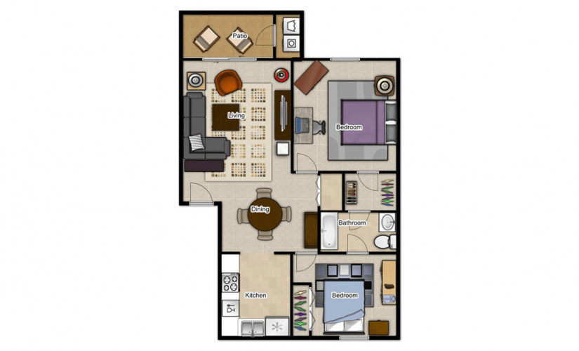 2 Bedroom 1 Bathroom - 2 bedroom floorplan layout with 1 bathroom and 900 square feet