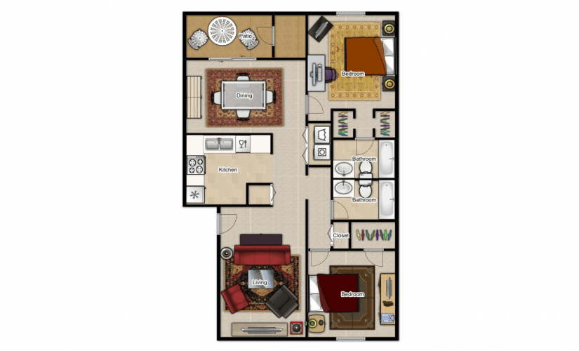 2 Bedroom 2 Bathroom - 2 bedroom floorplan layout with 2 bathrooms and 1050 square feet