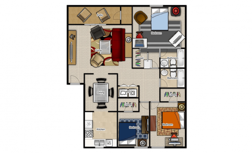 3 Bedroom 2 Bathroom - 3 bedroom floorplan layout with 2 bathrooms and 1350 square feet